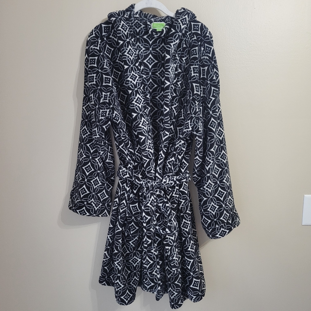 Vera Bradley Concerto Hooded Fleece Bath Robe Size L/XL Black and White